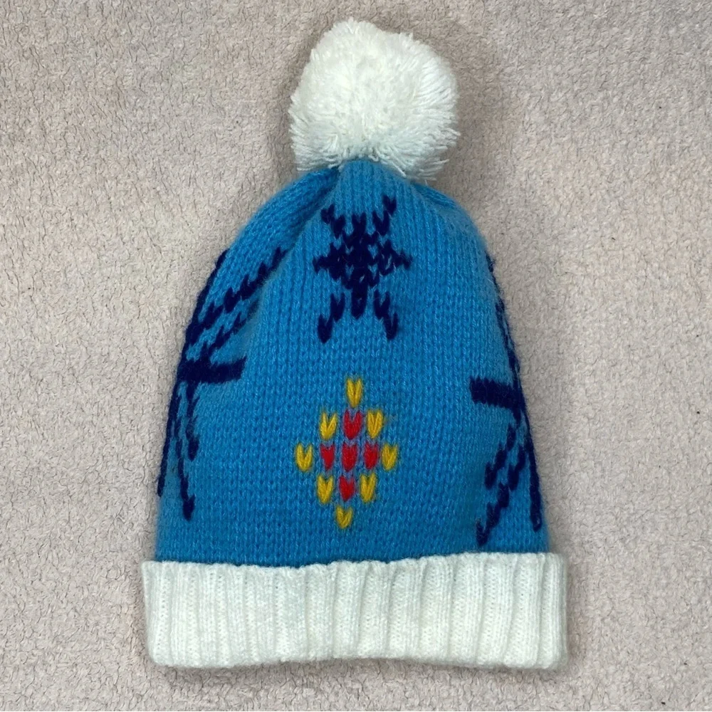 Vintage Kids Pom Beanie Winter Hat-Blue/White-Handwoven-Warm-Cozy-Vtg-Retro-80s